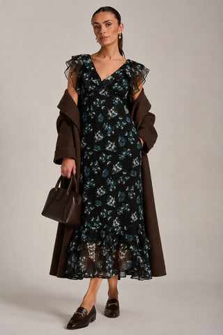 V Neckline Chiffon Midaxi Dress, Navy Multi