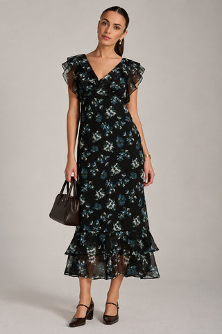V Neckline Chiffon Midaxi Dress, Navy Multi