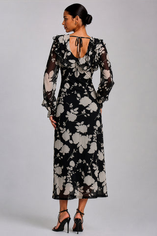 V Neck Long Sleeve Mesh Midaxi Dress, Black Floral