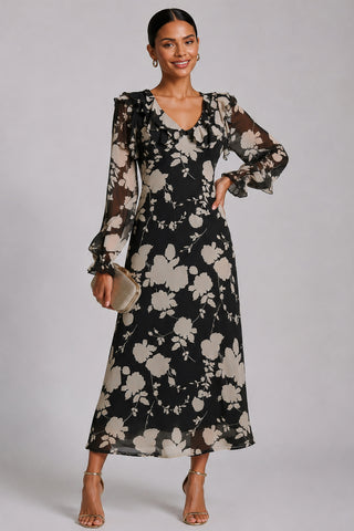 V Neck Long Sleeve Mesh Midaxi Dress, Black Floral