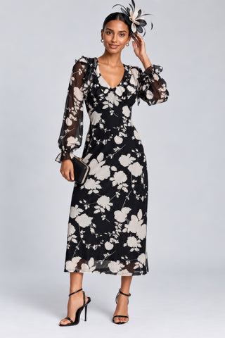 V Neck Long Sleeve Mesh Midaxi Dress, Black Floral