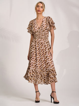 Chiffon Frill Midi Dress, Brown Animal