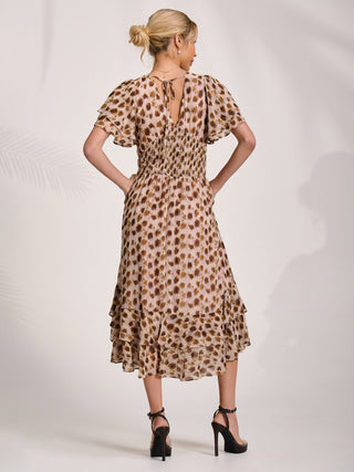 Chiffon Frill Midi Dress, Brown Animal