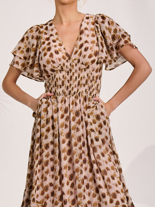 Chiffon Frill Midi Dress, Brown Animal