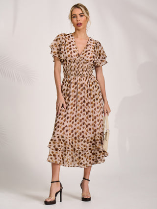 Chiffon Frill Midi Dress, Brown Animal