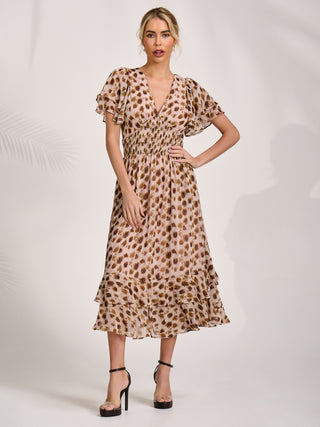 Chiffon Frill Midi Dress, Brown Animal