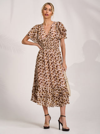 Chiffon Frill Midi Dress, Brown Animal