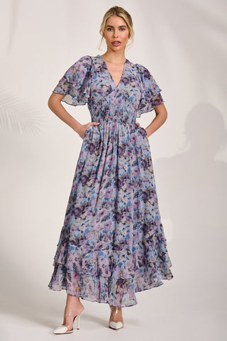 Chiffon Ruffle Hem Midaxi Dress, Blue Floral