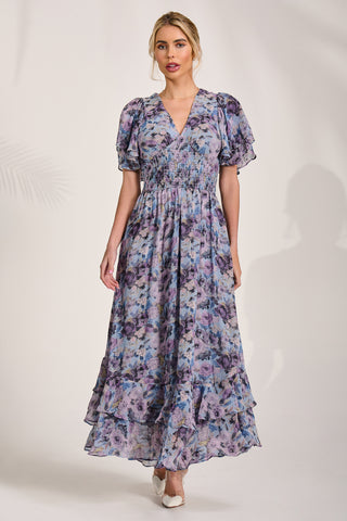 Chiffon Ruffle Hem Midaxi Dress, Blue Floral