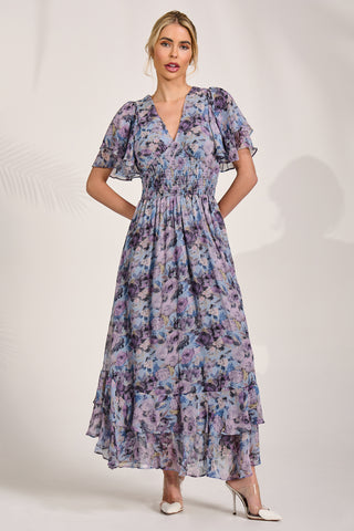 Chiffon Ruffle Hem Midaxi Dress, Blue Floral