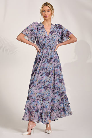 Chiffon Ruffle Hem Midaxi Dress, Blue Floral