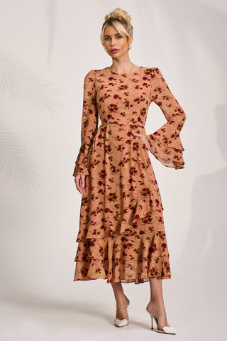 Frill Chiffon Midaxi Dress, Coral Floral