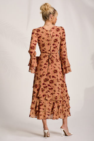 Frill Chiffon Midaxi Dress, Coral Floral