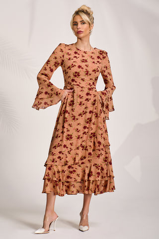 Frill Chiffon Midaxi Dress, Coral Floral