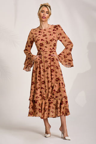 Frill Chiffon Midaxi Dress, Coral Floral