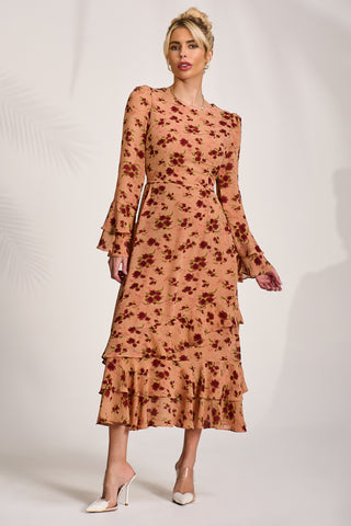 Frill Chiffon Midaxi Dress, Coral Floral