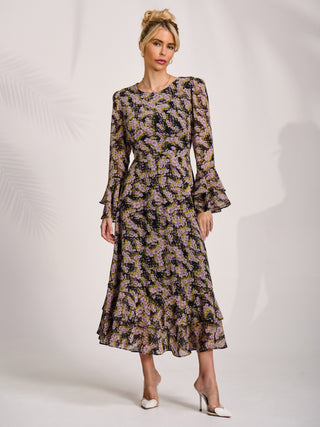Chiffon Print Frill Midaxi Dress, Purple Multi
