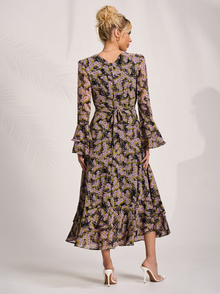 Chiffon Print Frill Midaxi Dress, Purple Multi