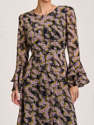 Chiffon Print Frill Midaxi Dress, Purple Multi