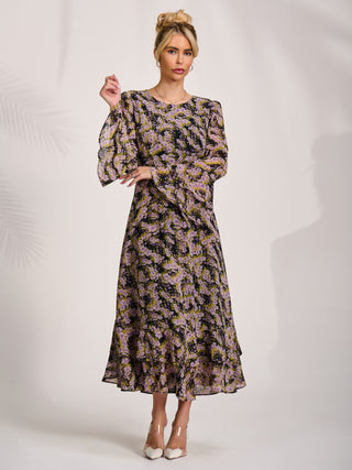 Chiffon Print Frill Midaxi Dress, Purple Multi
