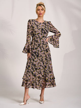 Chiffon Print Frill Midaxi Dress, Purple Multi