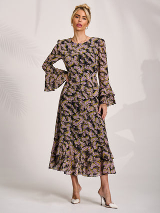 Chiffon Print Frill Midaxi Dress, Purple Multi