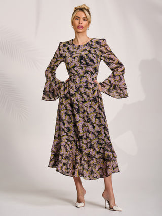 Chiffon Print Frill Midaxi Dress, Purple Multi