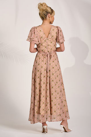 Angel Sleeve Chiffon Maxi Dress, Green Floral