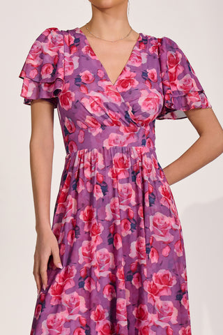 Angel Sleeve Mesh Midi Dress, Purple Floral