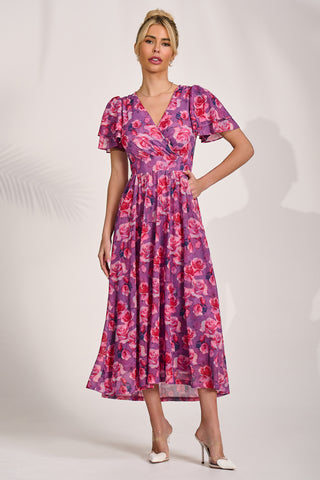 Angel Sleeve Mesh Midi Dress, Purple Floral