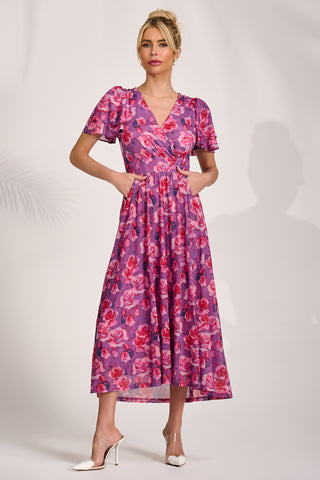 Angel Sleeve Mesh Midi Dress, Purple Floral
