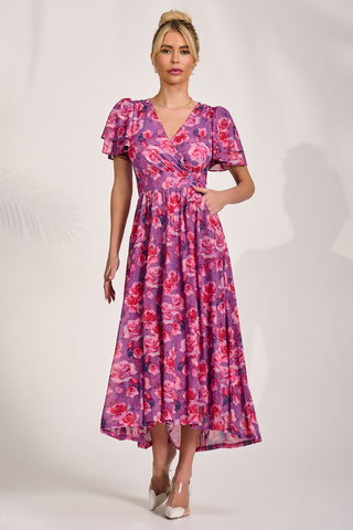 Angel Sleeve Mesh Midi Dress, Purple Floral