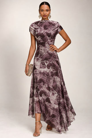 Asymmetrical Slash Neck Midaxi Dress, Grey Abstract