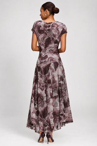 Asymmetrical Slash Neck Midaxi Dress, Grey Abstract