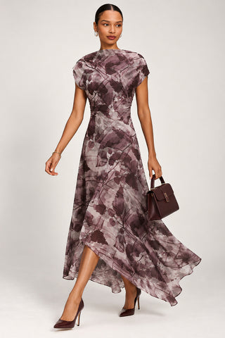 Asymmetrical Slash Neck Midaxi Dress, Grey Abstract
