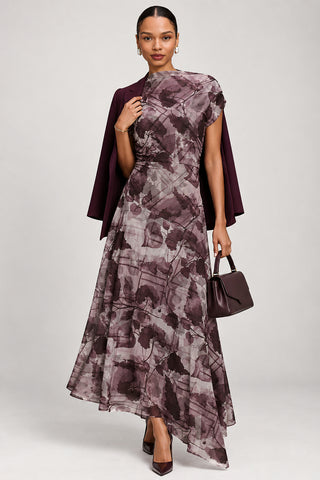 Asymmetrical Slash Neck Midaxi Dress, Grey Abstract