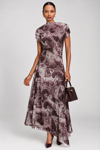 Asymmetrical Slash Neck Midaxi Dress, Grey Abstract