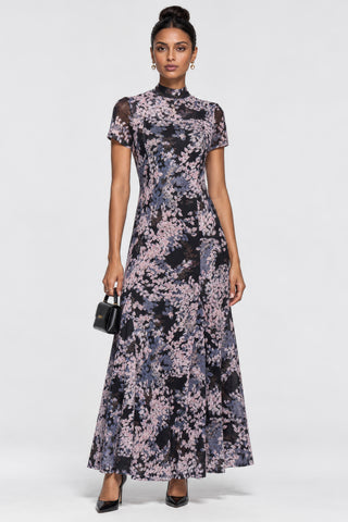 Turtle Neckline Mesh Maxi Dress, Black Abstract