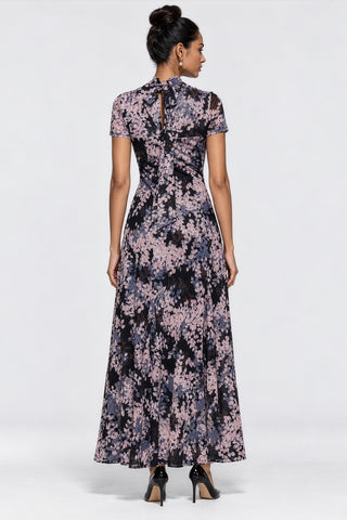 Turtle Neckline Mesh Maxi Dress, Black Abstract