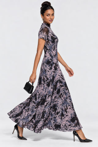 Turtle Neckline Mesh Maxi Dress, Black Abstract