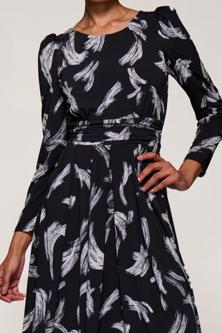 Puff Long Sleeve Jersey Maxi Dress, Black Brushstroke