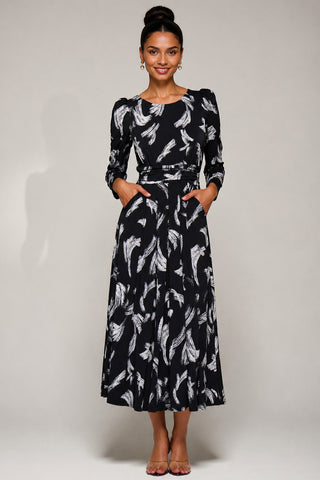 Puff Long Sleeve Jersey Maxi Dress, Black Brushstroke