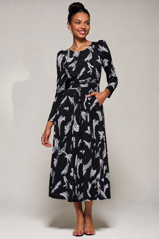 Puff Long Sleeve Jersey Maxi Dress, Black Brushstroke