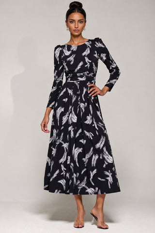 Puff Long Sleeve Jersey Maxi Dress, Black Brushstroke