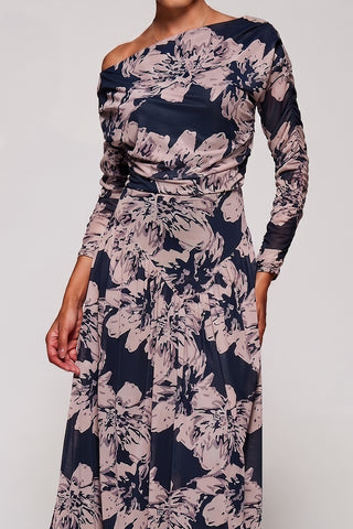 Long Sleeve Asymmetric Gathered Mesh Midi Dress, Black Floral