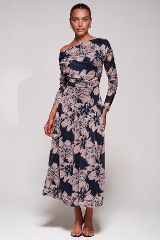 Long Sleeve Asymmetric Gathered Mesh Midi Dress, Black Floral