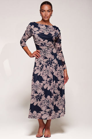 Long Sleeve Asymmetric Gathered Mesh Midi Dress, Black Floral