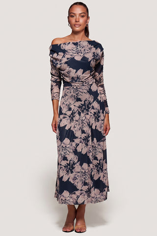 Long Sleeve Asymmetric Gathered Mesh Midi Dress, Black Floral
