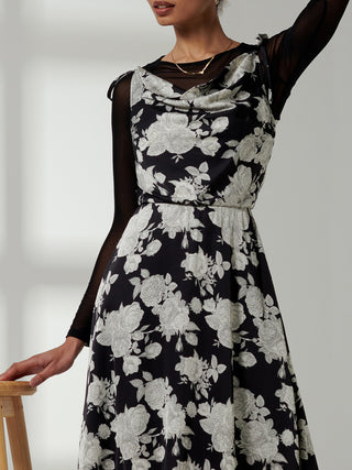 Clarissa Satin Draped Cowl Neck Dress, Black Floral