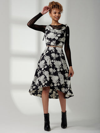 Clarissa Satin Draped Cowl Neck Dress, Black Floral